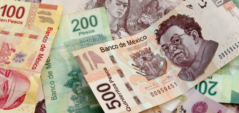 Dinheiro vivo e pesos mexicanos em espécie